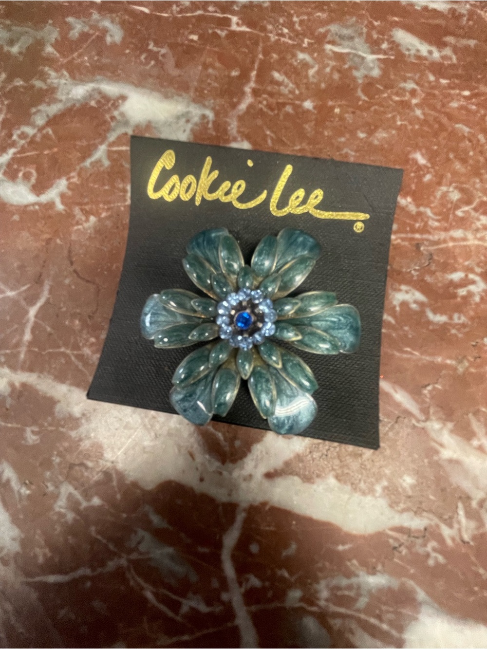 Cookie Lee Teal Blue Flower Brooch with Blue Rhinestone Center